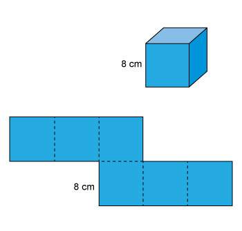 Look at this cube and its net. cube with one side labeled 8 centimeters. net of the same cube also s