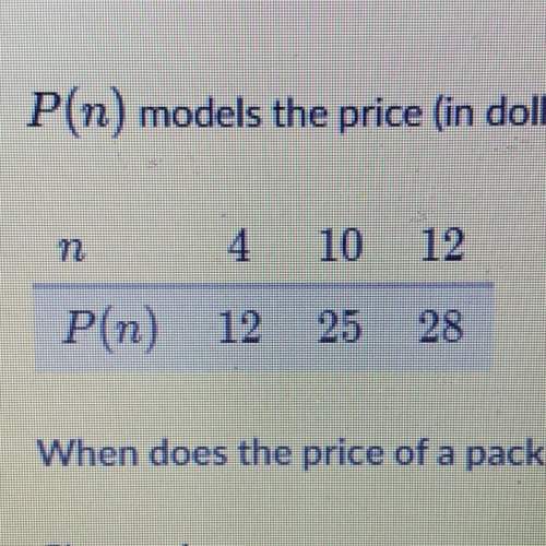 P(n) models the price (in dollars) of a pack of n bulbs at a certain store. when does the pric