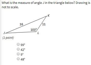 (40 points) what is the measure of angle j in the triangle below? drawing is not to scale.