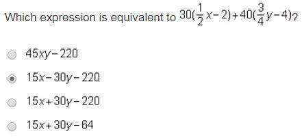 Which expression is equivalent to 30 (1/2x - 2) +40 (3/4y-4)? (will add pic) try to ex