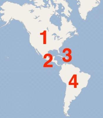 Chance to get brainliest which of these correctly labels the region of central america? a) 1 b) 2 c