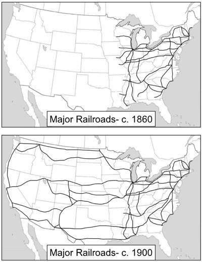 Using this map, which statement best describes the effect that railroad expansion at the start of th