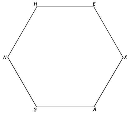 What is the image of e for a 120° counterclockwise rotation about the center of the regular hexagon?