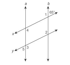In the figure, x ǁ y and a ǁ b. what is m∠2?  m∠2 = °