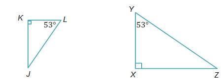 10 points and brainliest the triangles below are similar. in each traingle there is a 53°angle and a