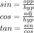sin = \frac{opp}{hyp}\\cos = \frac{adj}{hyp}\\tan = \frac{sin}{cos}
