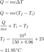 Q=mc\Delta T\\\\Q=mc(T_f-T_i)\\\\\dfrac{Q}{mc}+T_i=T_f\\\\T_f=\dfrac{10^3}{150\times 0.96}+25\\\\=31.95^{\circ} C