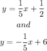 \begin{gathered}y = \frac{1}{5}x + \frac{1}{2} \\ and \\ y = -  \frac{1}{5} x + 6 \end{gathered}