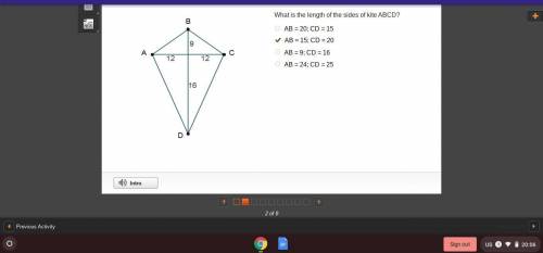 What is the length of the sides of kite ABCD? Find the lengths of side AB and side CD. AB = 20; CD =
