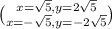 \binom{x = \sqrt{5}, y = 2\sqrt{5}}{x = -\sqrt{5}, y = -2\sqrt{5}}