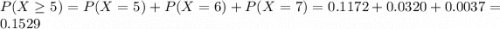P(X \geq 5) = P(X = 5) + P(X = 6) + P(X = 7) = 0.1172 + 0.0320 + 0.0037 = 0.1529