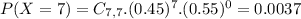 P(X = 7) = C_{7,7}.(0.45)^{7}.(0.55)^{0} = 0.0037