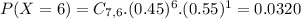 P(X = 6) = C_{7,6}.(0.45)^{6}.(0.55)^{1} = 0.0320