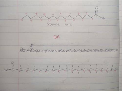 Draw stearic acid (octadecanoic acid). You do not need to draw hydrogen atoms attached to carbon ato