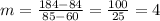 m=\frac{184-84}{85-60}=\frac{100}{25}= 4