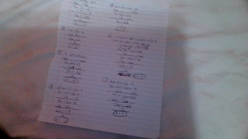 Me solving those seven equation  12x-9=8x-37 , 11x=8x-6, -x-29=13+2x ,2(4x+7)=2x-4 ,2x+15=43-5x ,-14