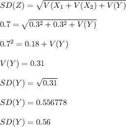 SD(Z)=\sqrt{V (X_{1}+V(X_{2})+V(Y)}\\\\0.7=\sqrt{0.3^{2}+0.3^{2}+V (Y)}\\\\0.7^{2}=0.18+V (Y)\\\\V (Y) = 0.31\\\\SD(Y) = \sqrt{0.31}\\\\SD (Y)=0.556778\\\\SD (Y) = 0.56