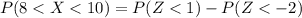 P(8 <  X <  10 ) =   P(   Z<  1 ) -  P( Z <  -2 )