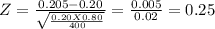 Z = \frac{0.205-0.20}{\sqrt{\frac{0.20X0.80}{400} } }= \frac{0.005}{0.02} =0.25