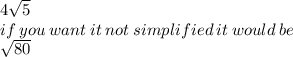 4 \sqrt{5}  \\ if \: you \: want \: it \: not \: simplified \: it \: would \: be \: \\  \sqrt{80}
