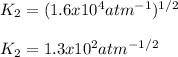 K_2=(1.6x10^4atm^{-1})^{1/2}\\\\K_2=1.3x10^{2}atm^{-1/2}