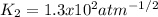 K_2=1.3x10^{2}atm^{-1/2}