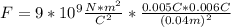 F=9*10^{9}\frac{N*m^{2} }{C^{2} }  *\frac{0.005C*0.006C}{(0.04m)^{2} }