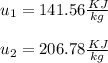 u_1 = 141.56 \frac{KJ}{kg}\\\\u_2 = 206.78 \frac{KJ}{kg}