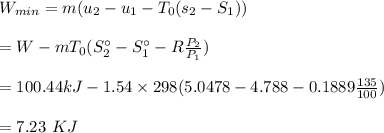 W_{min} = m(u_2-u_1 - T_0(s_2 -S_1))\\\\=W-mT_0(S_2^{\circ}- S_1^{\circ} -R \In \frac{P_2}{P_1})\\\\= 100.44kJ -1.54 \times 298( 5.0478-4.788-0.1889 \In \frac{135}{100})\\\\=7.23\ KJ\\