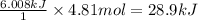 \frac{6.008 kJ}{1}\times 4.81mol=28.9kJ