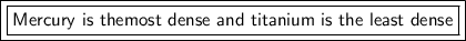 \boxed {\boxed {\sf Mercury \ is \ the most \ dense \ and \ titanium \ is \ the \ least \ dense}}