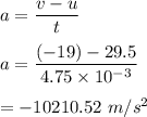 a=\dfrac{v-u}{t}\\\\a=\dfrac{(-19)-29.5}{4.75\times 10^{-3}}\\\\=-10210.52\ m/s^2