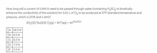 How long will a current of 0.995 A need to be passed through water (containing H2SO4) for 5.00 L of