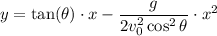 {\displaystyle y=\tan(\theta )\cdot x-{\frac {g}{2v_{0}^{2}\cos ^{2}\theta }}\cdot x^{2}}