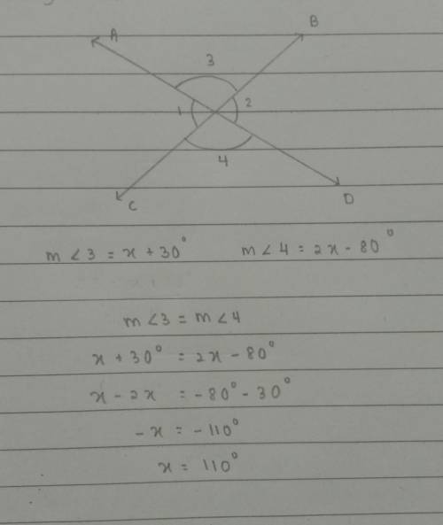 In the diagram m<3 = x +30 and m<4 = 2x - 80. What is the measure of angle 3?

A)50
B)80
C)110