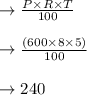 \to \frac{P \times R \times T}{100} \\\\\to \frac{(600 \times  8 \times 5)}{100}\\\\ \to  240