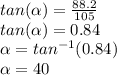 tan(\alpha )=\frac{88.2}{105}\\tan(\alpha ) =0.84\\\alpha =tan^{-1} (0.84)\\\alpha =40