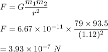 F=G\dfrac{m_1m_2}{r^2}\\\\F=6.67\times 10^{-11}\times \dfrac{79\times 93.5}{(1.12)^2}\\\\=3.93\times 10^{-7}\ N