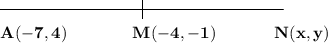 \setlength{\unitlength}{1 cm}\begin{picture}(20,12) \put(4,0.2){\line(0,-1){0.4}}\put(1,0){\line(1,0){6}} \put(3.8,-0.6){$\bf M(-4,-1) $} \put(1,-0.6){$\bf A (-7,4)$}   \put(6.8,-0.6){$\bf N(x,y)$} \end{picture}