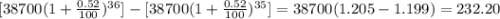 [38700(1+\frac{0.52}{100})^{36}]-[38700(1+\frac{0.52}{100})^{35}]=38700(1.205-1.199)=232.20