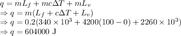 q=mL_f+mc\Delta T+mL_v\\\Rightarrow q=m(L_f+c\Delta T+L_v)\\\Rightarrow q=0.2(340\times 10^3+4200(100-0)+2260\times 10^3)\\\Rightarrow q=604000\ \text{J}