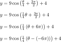 y = 9\cos\left(\frac{\theta}{4}+\frac{3\pi}{2}\right)+4\\\\y = 9\cos\left(\frac{1}{4}\theta+\frac{3\pi}{2}\right)+4\\\\y = 9\cos\left(\frac{1}{4}\left(\theta+6\pi\right)\right)+4\\\\y = 9\cos\left(\frac{1}{4}\left(\theta-(-6\pi)\right)\right)+4\\\\