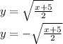 y =  \sqrt{ \frac{x + 5}{2} }  \\ y =  -  \sqrt{ \frac{x + 5}{2} }