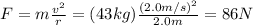 F=m \frac{v^2}{r}= (43 kg)\frac{(2.0 m/s)^2}{2.0 m}=86 N  