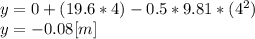 y=0+(19.6*4)-0.5*9.81*(4^{2} )\\y = -0.08 [m]