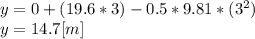 y=0+(19.6*3)-0.5*9.81*(3^{2} )\\y = 14.7 [m]