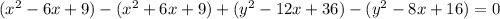 (x^2-6x+9)-(x^2+6x+9)+(y^2-12x+36)-(y^2-8x+16)=0