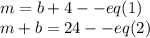 m=b+4--eq(1)\\m+b=24--eq(2)