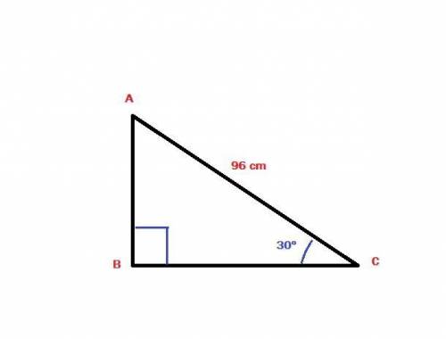 96 cm

 
с
B
ABC is a right angled triangle. if B = 90°, AC = 96 cm, C = 30°.
cm
AB =