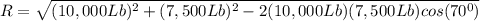 R=\sqrt{(10,000Lb)^{2}+(7,500Lb)^{2}-2(10,000Lb)(7,500Lb) cos (70^{0})}